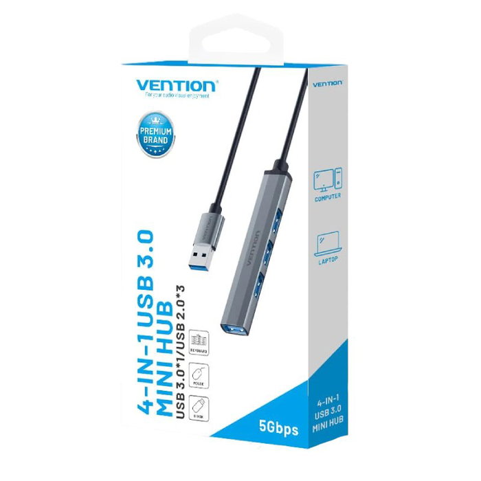 Vention Mini Hub USB 3.0 con 4 Puertos, Gris